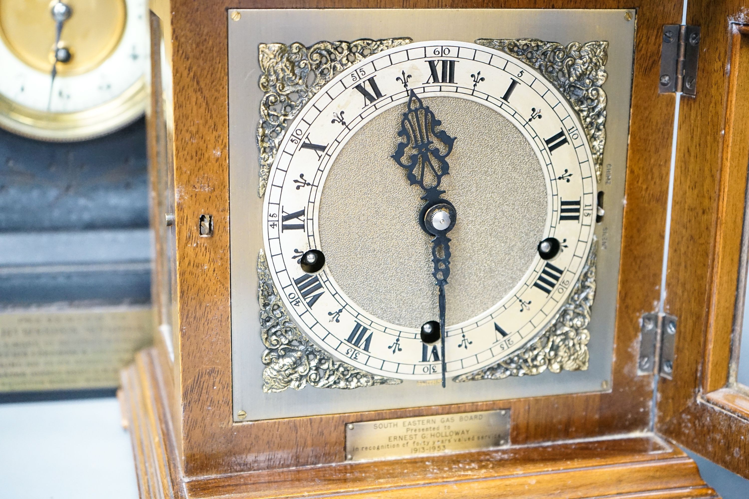 A walnut cased chiming bracket clock together with a slate mantle clock 37cm
